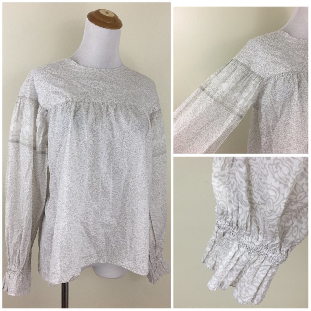 ANNA SUI Uniqlo Relaxed Fit White Gray Print Long Sleeve Detail Cotton Shirt